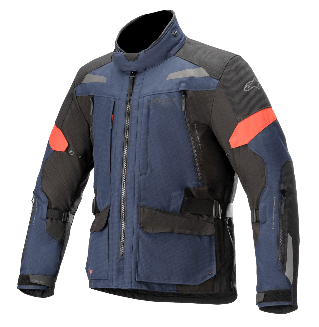 Alpinestars Valparaiso V3 Drystar, casaco de motociclismo para turismo, azul escuro e preto com pormenores em vermelho, com faixas refletoras, vários bolsos de carga com fecho de correr, tiras de ajuste na cintura e nas mangas, construção em tecido durável para turismo de aventura