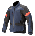 Alpinestars Valparaiso V3 Drystar, casaco de motociclismo para turismo, azul escuro e preto com pormenores em vermelho, com faixas refletoras, vários bolsos de carga com fecho de correr, tiras de ajuste na cintura e nas mangas, construção em tecido durável para turismo de aventura