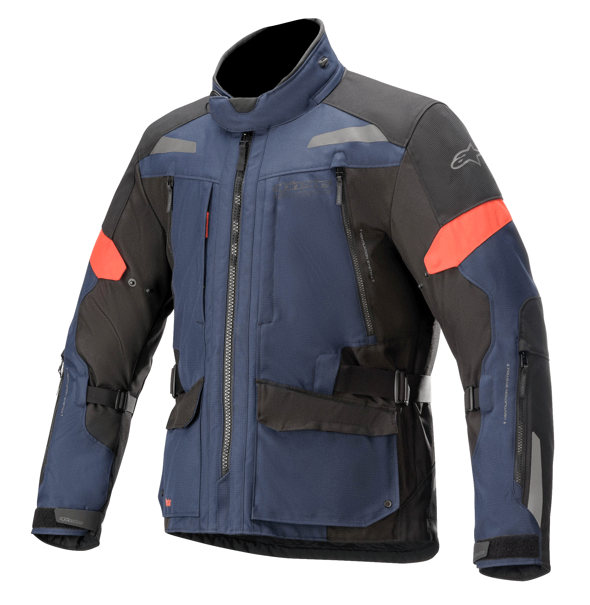Alpinestars Valparaiso V3 Drystar, casaco de motociclismo para turismo, azul escuro e preto com pormenores em vermelho, com faixas refletoras, vários bolsos de carga com fecho de correr, tiras de ajuste na cintura e nas mangas, construção em tecido durável para turismo de aventura
