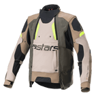 Alpinestars Halo Drystar® Jacket, Motorcycle Adventure Touring Jacket, Dark Khaki and Sand with Yellow Fluo accents, featuring a large front ventilation panel with astars branding, high collar, and rugged textile construction for all-season riding