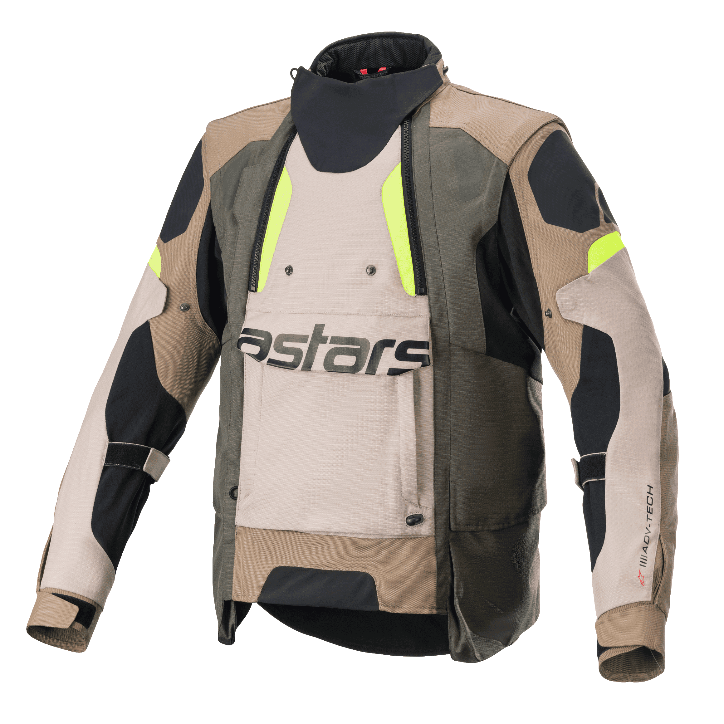 Alpinestars Halo Drystar® Jacket, Motorcycle Adventure Touring Jacket, Dark Khaki and Sand with Yellow Fluo accents, featuring a large front ventilation panel with astars branding, high collar, and rugged textile construction for all-season riding