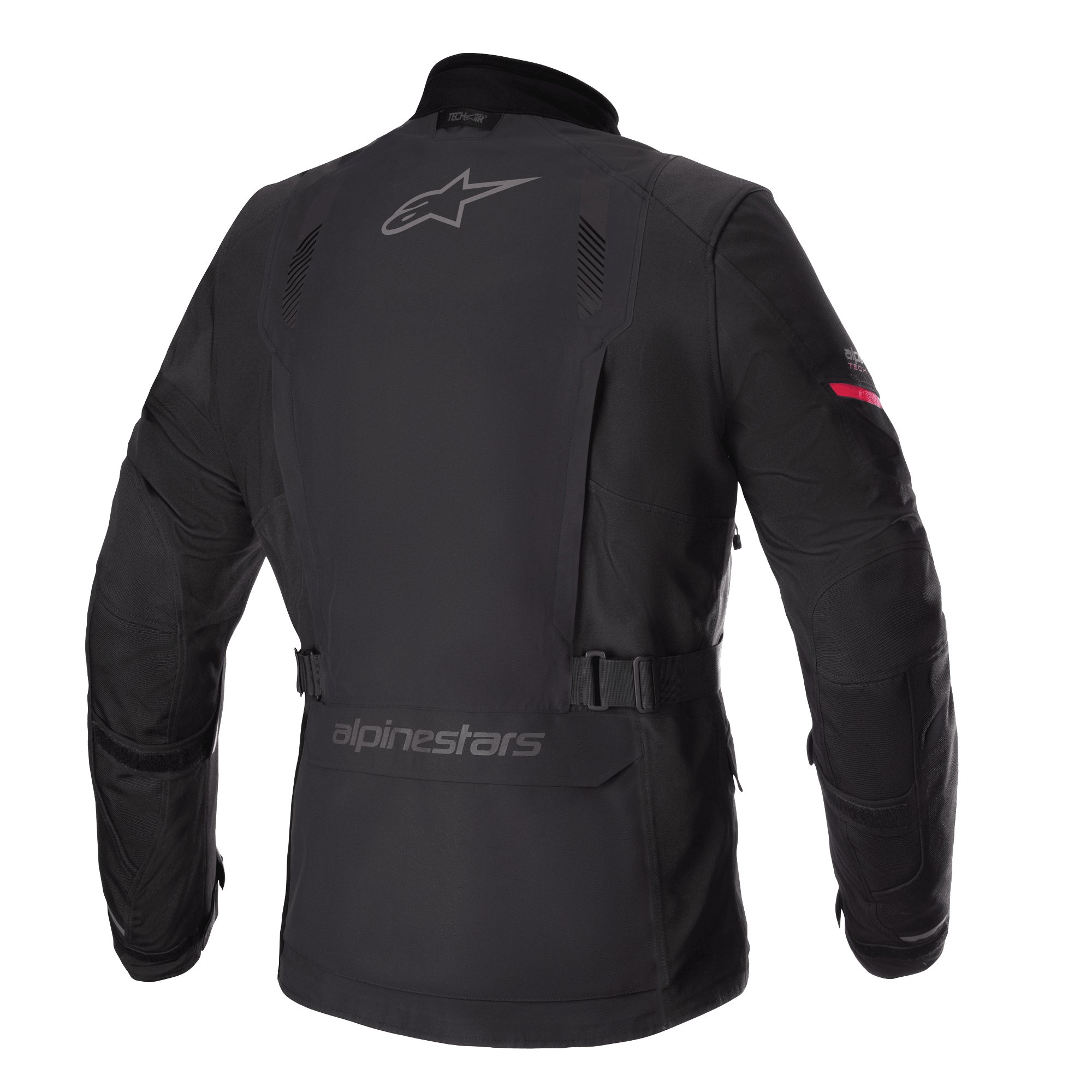 Alpinestars Monteira Drystar® XF Jacket, Adventure Touring Motorcycle Jacket, Black with Bright Red sleeve detail, rear profile showing grey Alpinestars logos, adjustable waist belt, and durable waterproof textile shell