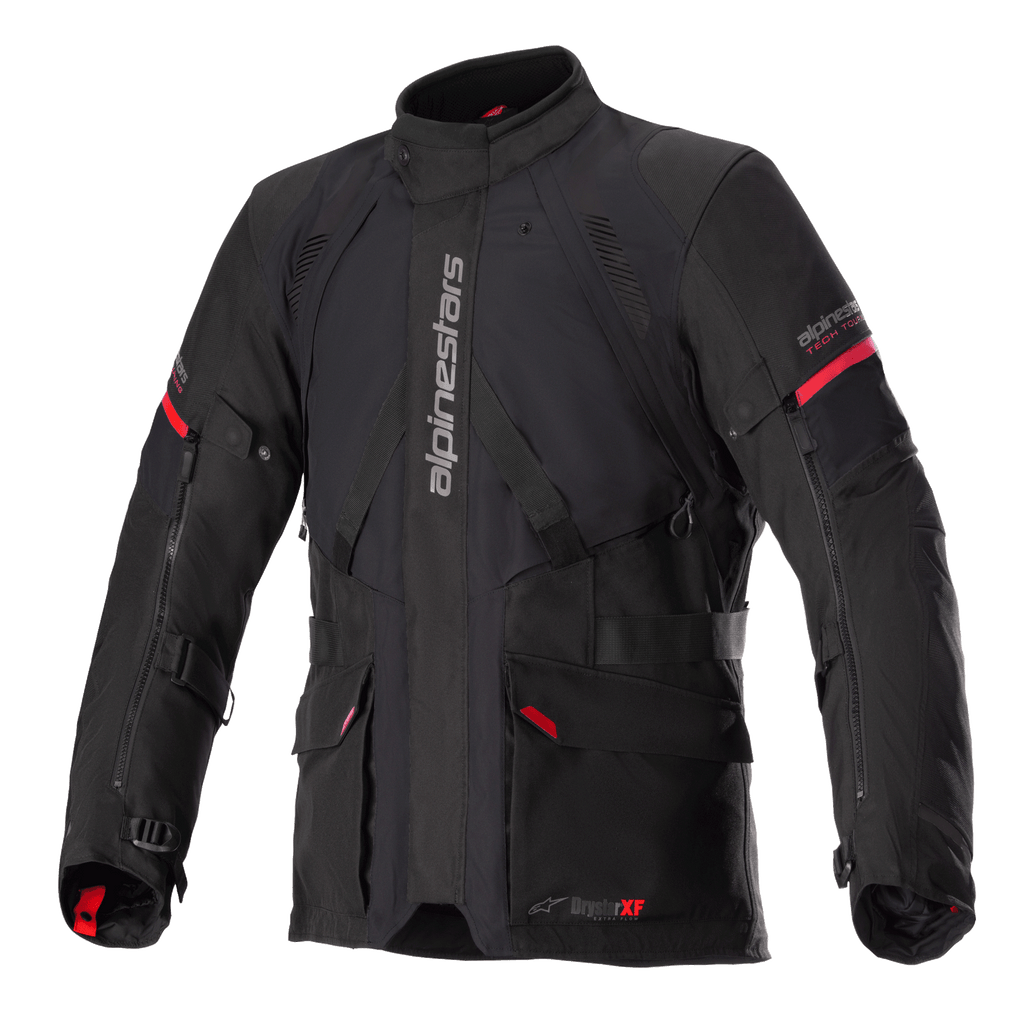 Alpinestars Monteira Drystar XF Jacket, Black and Bright Red, Adventure touring motorcycle jacket, waterproof laminated construction, featuring multiple utility pockets and adjustable straps, durable textile for all-weather protection