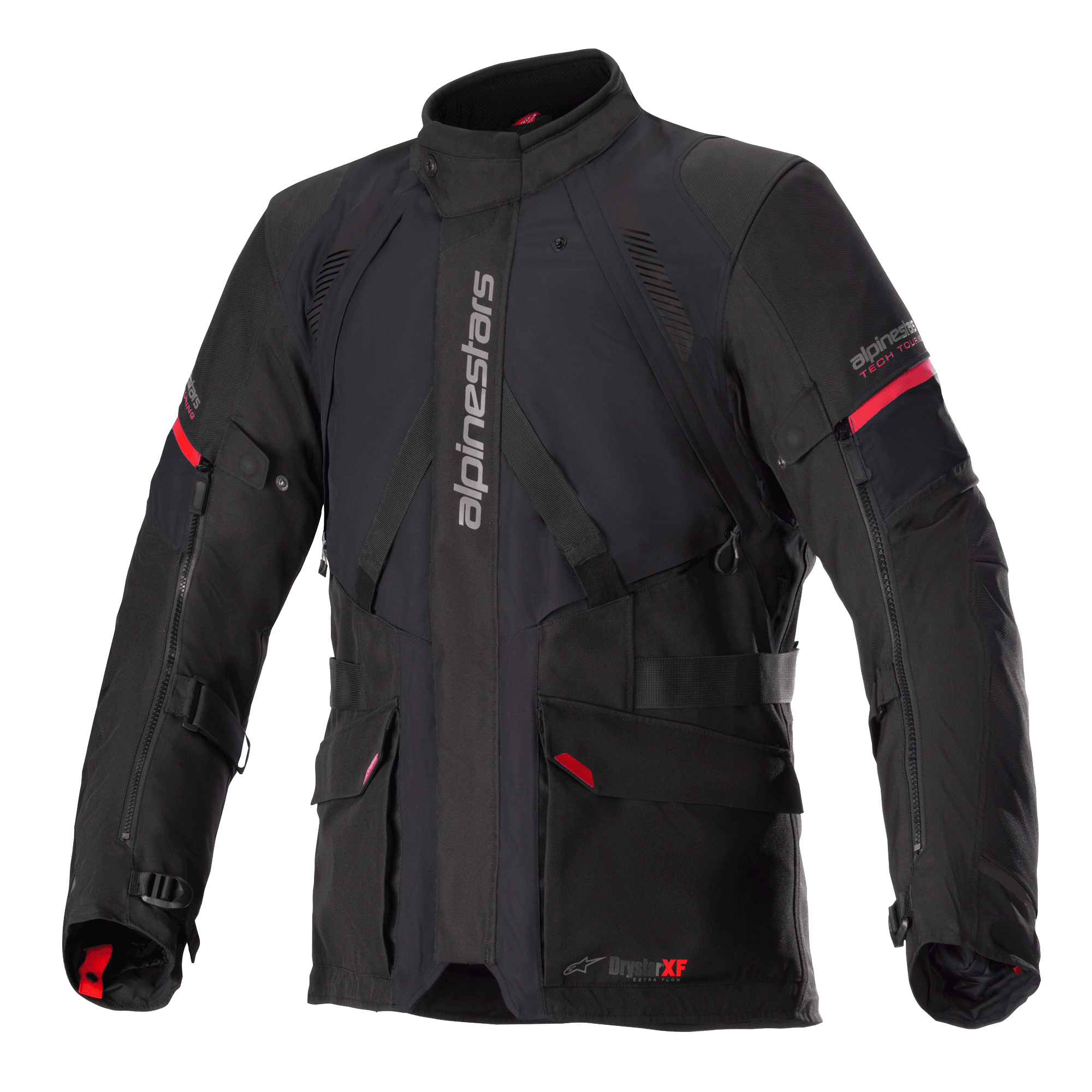 Casaco Alpinestars Monteira Drystar XF, preto e vermelho brilhante, casaco de motociclismo para turismo de aventura, construção laminada impermeável, com múltiplos bolsos utilitários e correias ajustáveis, têxtil durável para proteção em todas as condições climatéricas