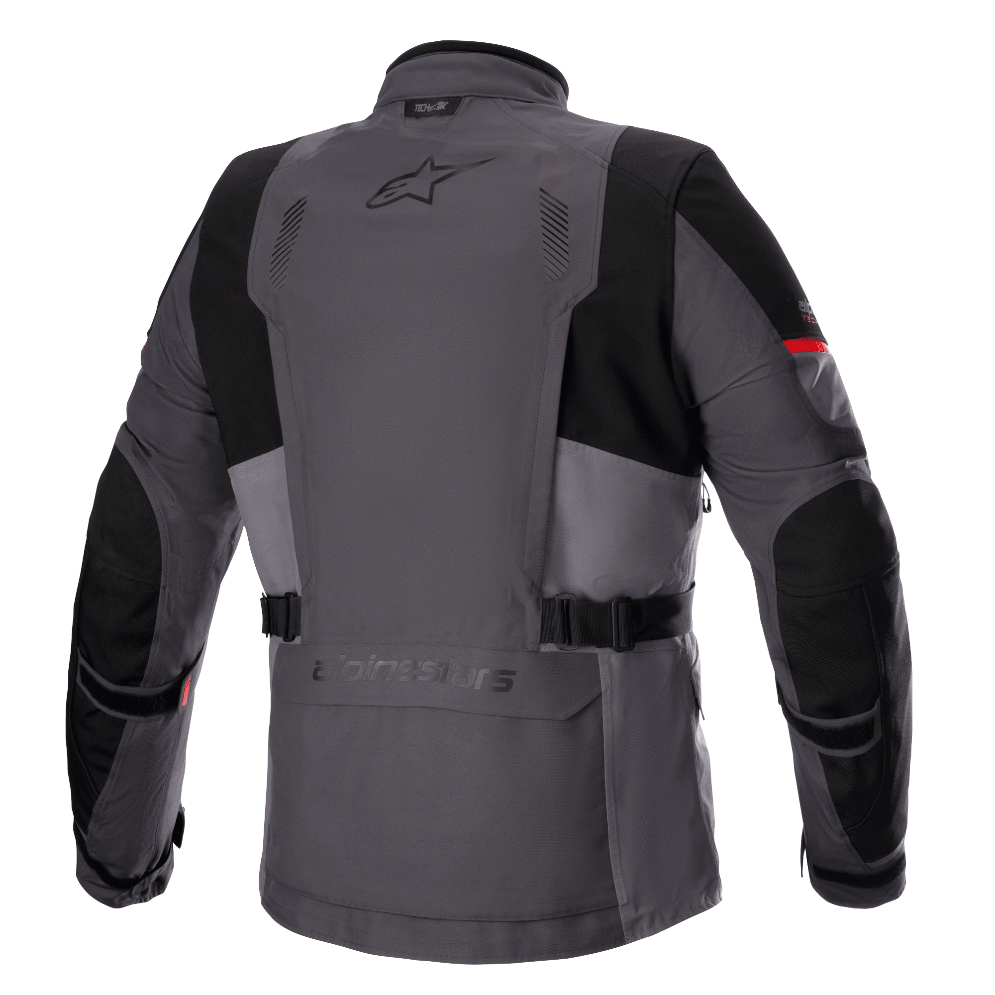 Alpinestars Monteira Drystar® XF Jacket, Adventure Touring Motorcycle Jacket, Dark Gray and Tar Gray with Bright Red accents, back view showing rear utility pocket, waist straps, and reinforced black panels on shoulders and elbows, featuring the Astars logo on the upper back.