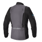 Alpinestars Monteira Drystar® XF Jacket, Adventure Touring Motorcycle Jacket, Tar Gray and Black with Methyl Blue accents, rear view showing a large gray back panel, adjustable waist straps, and Alpinestars branding on the lower back.