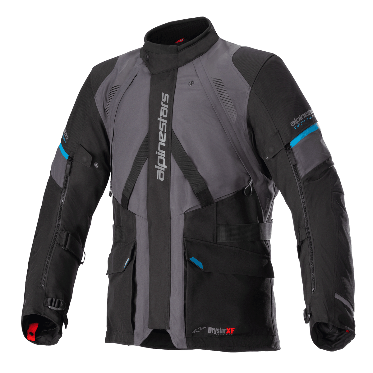Alpinestars Monteira Drystar XF Jacket, casaco de motociclismo adventure touring, cinzento e preto com detalhes em azul Methyl, com múltiplos bolsos frontais, tiras de ajuste na cintura e logótipo Alpinestars vertical no peito, construção têxtil impermeável durável