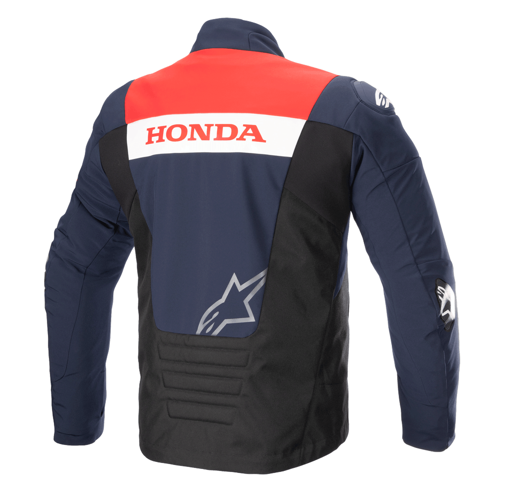 Rear view of Alpinestars Honda SMX Waterproof Softshell Jacket, Night Navy, Black, and Bright Red color scheme, featuring 'HONDA' branding on a white stripe and a silver Alpinestars logo, designed for motorcycle road riding