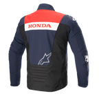 Rear view of Alpinestars Honda SMX Waterproof Softshell Jacket, Night Navy, Black, and Bright Red color scheme, featuring 'HONDA' branding on a white stripe and a silver Alpinestars logo, designed for motorcycle road riding
