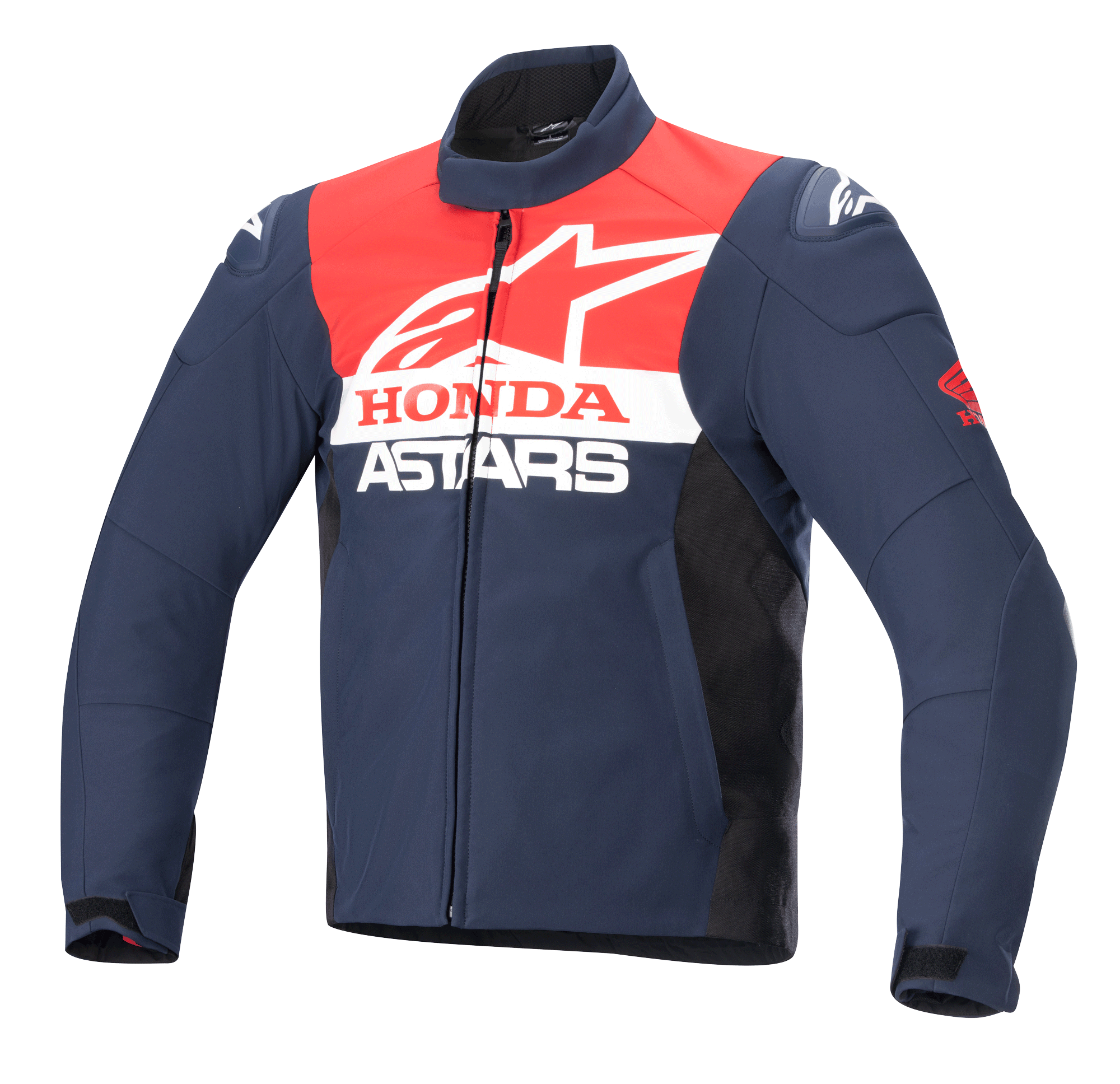 Alpinestars Honda SMX Waterproof Softshell Jacket, Motorcycle Jacket, Night Navy, Black, and Bright Red, featuring white Alpinestars and Honda branding on the chest, high collar, front zipper, and sleek water-resistant textile material