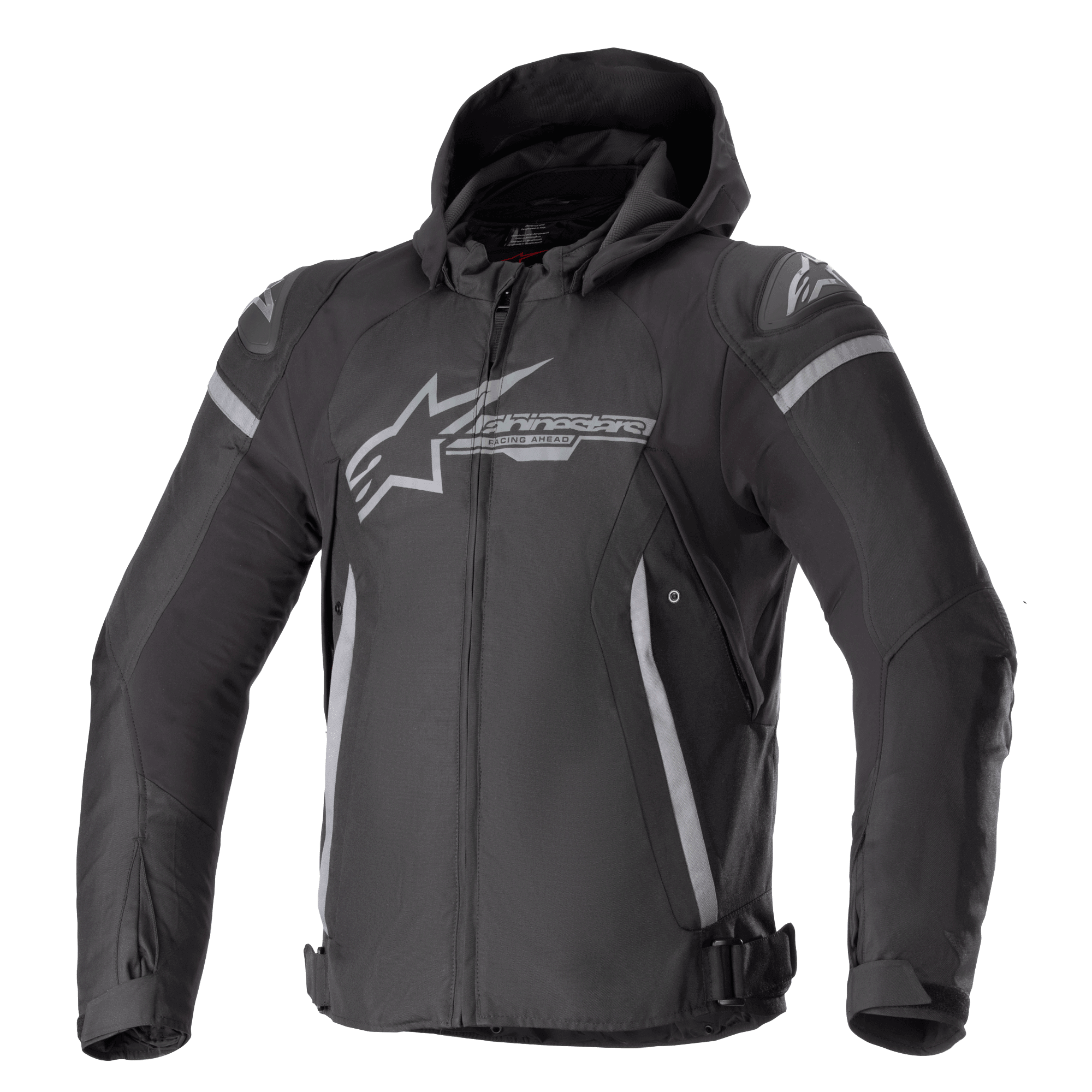 Alpinestars Zaca Waterproof Jacket, Motorcycle Sport Jacket, Black and Dark Gray, featuring a detachable hood, large gray chest logo, light gray accents on shoulders and sides, adjustable waist straps, and front zipper closure, sporty textile construction