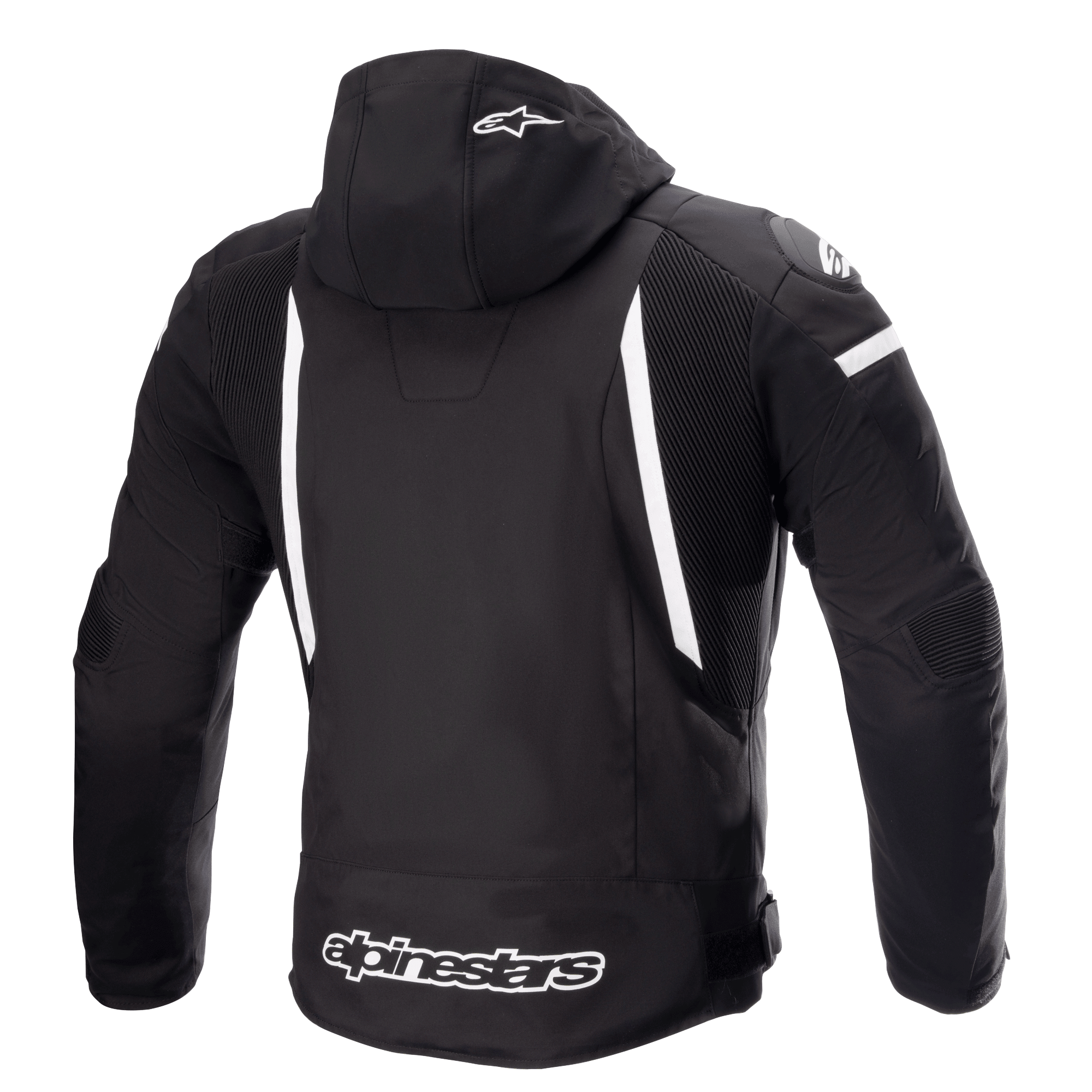 Casaco Alpinestars Zaca Waterproof, casaco de motociclismo, preto e branco, vista traseira mostrando o capuz removível com logótipo de estrela branco, riscas brancas verticais nas costas, logótipo Alpinestars na bainha inferior e painéis elásticos canelados para mobilidade