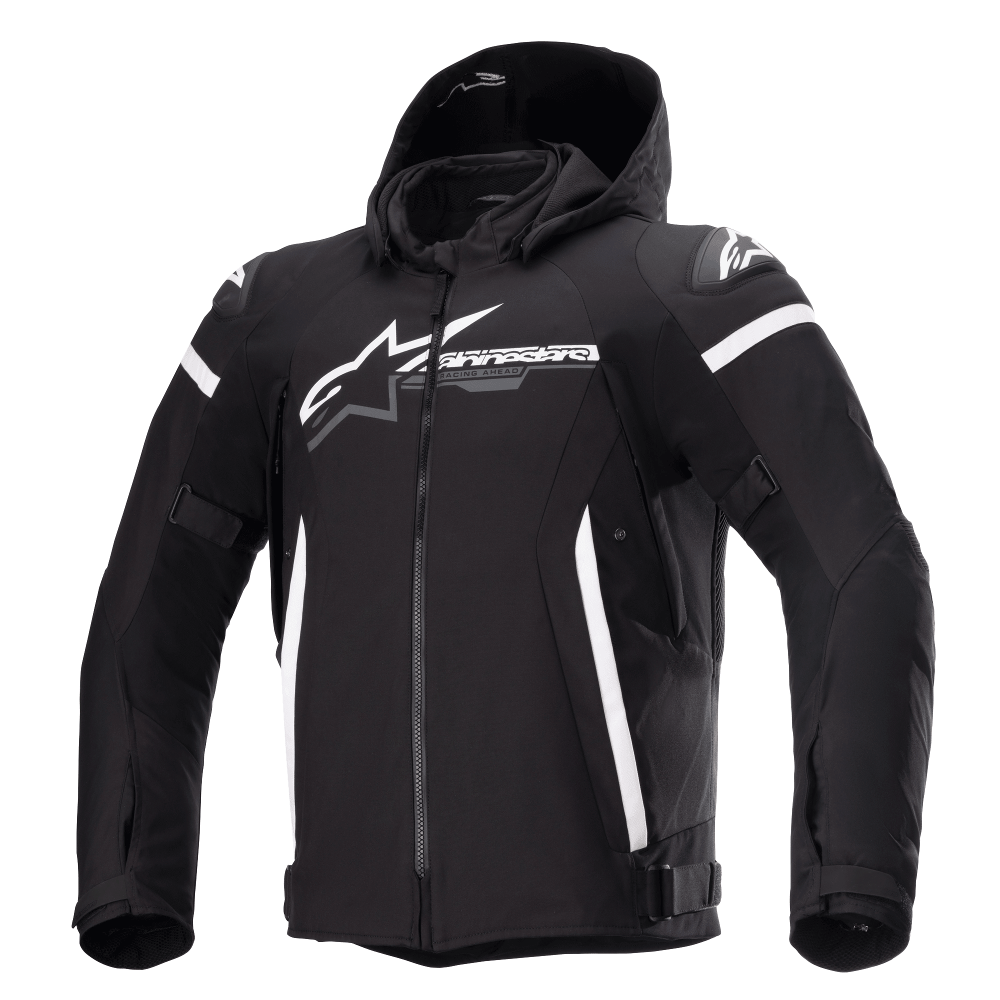 Casaco Alpinestars Zaca Waterproof, casaco de motociclismo preto com capuz removível, logótipo Alpinestars grande em branco no peito, riscas brancas na parte superior dos braços e detalhes laterais verticais, fecho de correr frontal, proteção reforçada nos ombros, correias ajustáveis na cintura e nos braços, construção em tecido softshell