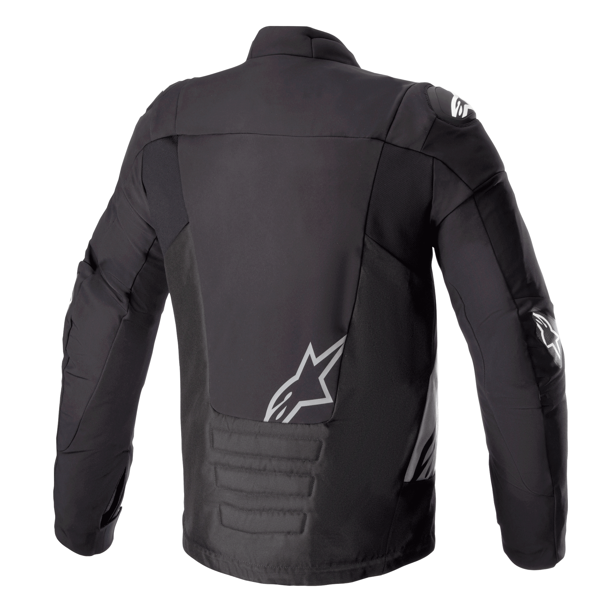 Alpinestars SMX Waterproof Jacket, Black Dark Gray, Rear View, featuring white Alpinestars logo on the lower back and shoulder, padded lower back section, technical textile and softshell motorcycle jacket