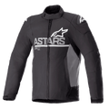 Alpinestars SMX Waterproof Jacket, Motorcycle Jacket, Black with Dark Gray side panels, white ASTARS chest logo and shoulder star logos, textile and softshell construction, full front zipper, high collar, and adjustable velcro cuffs