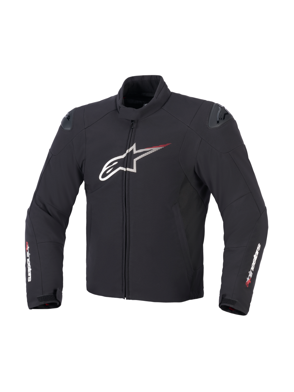 Alpinestars SMX Waterproof Jacket in Black White and Bright Red, front view showing textile construction, large white Astar chest logo with red speed lines, external DFS lite shoulder sliders, and Alpinestars branding on the sleeves.