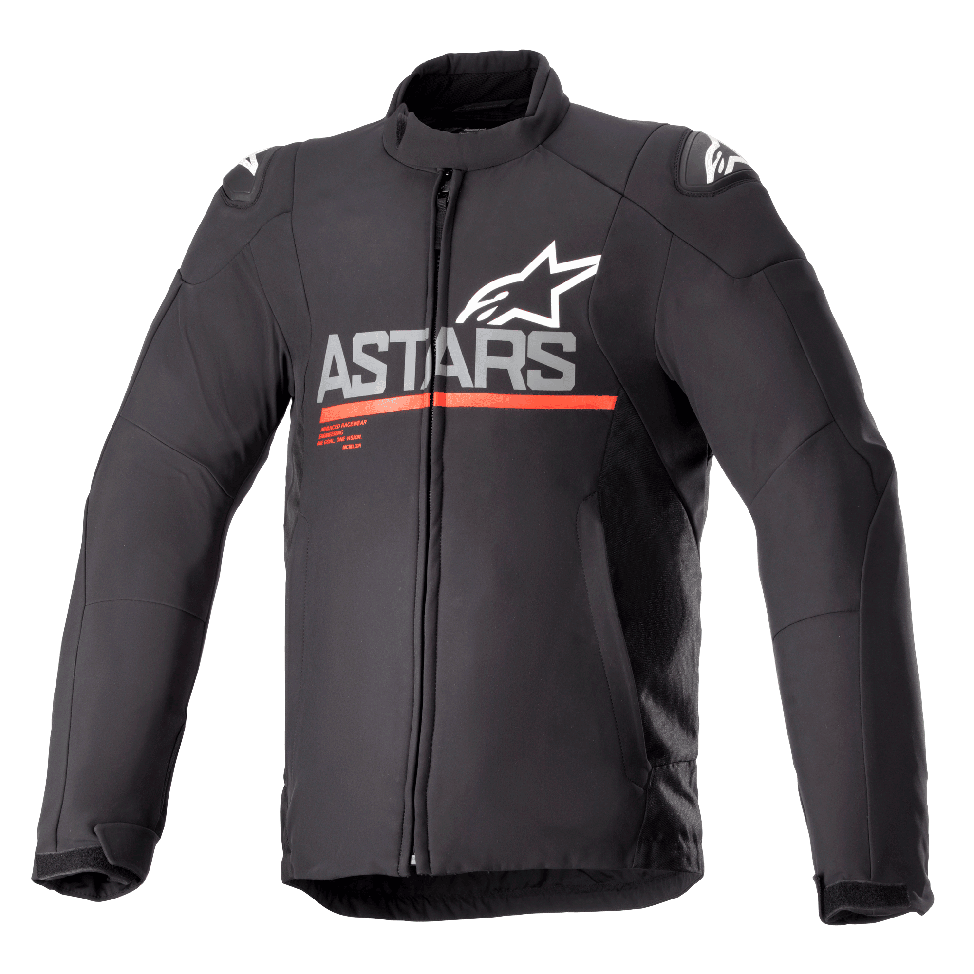Alpinestars SMX Waterproof Jacket, Textile Motorcycle Jacket, Black with Dark Gray and Bright Red, featuring ASTARS branding and star logo on the chest, horizontal red stripe, white logos on shoulders, high collar, and front zipper, protective and weather-resistant sport design