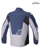 Alpinestars SMX Waterproof Jacket, men's textile motorcycle jacket, rear view showing night navy, dark gray, and black colorway, elongated lower back, and white A-star logo