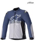 Alpinestars SMX Waterproof Jacket, men's motorcycle racing and sport textile jacket in night navy and dark gray, front view showing waterproof construction and shoulder armor shields