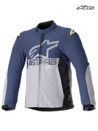 Alpinestars SMX Waterproof Jacket, men's motorcycle racing and sport textile jacket in night navy and dark gray, front view showing waterproof construction and shoulder armor shields
