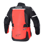 Alpinestars Honda Bogotá Pro Drystar® Jacket, Rear View, Bright Red and Black, Adventure Touring Motorcycle Jacket featuring HONDA and TECH TOURING branding, large red back panel with adjustable straps and reflective details.