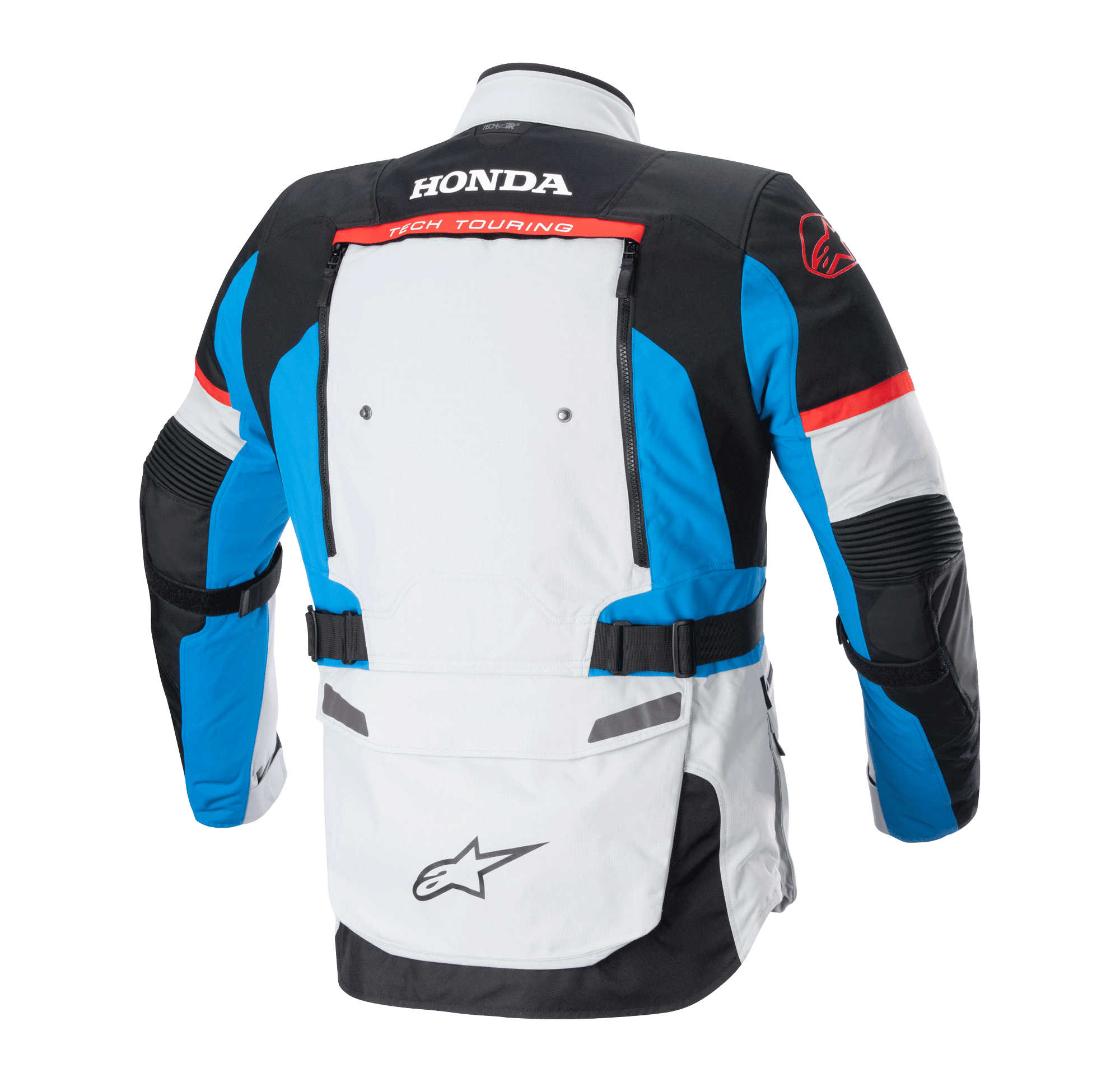 Alpinestars Honda Bogotá Pro Drystar® Jacket, Rear View, Ice Gray Blue and Bright Red, technical adventure-touring jacket featuring Honda and Tech Touring branding on the back, ventilation panels, and adjustable waist straps.
