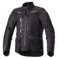 Alpinestars Bogota Pro Drystar Jacket, All-Black Motorcycle Touring Jacket, Gray and Red accents, featuring large chest ventilation panels, waterproof pockets with red pull tabs, high protective collar, and durable textile construction for adventure riding.