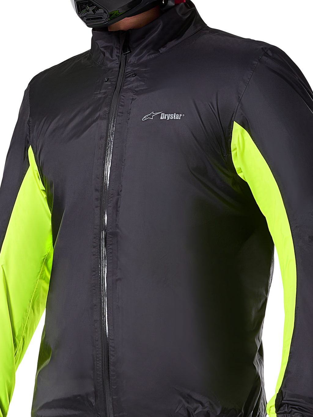 Forro impermeável do casaco Alpinestars Bogotá Pro Drystar®, camada técnica de motociclismo, preto com painéis amarelo néon nos braços, fecho de correr frontal e logótipo Drystar no peito, concebido para proteção na condução em qualquer clima
