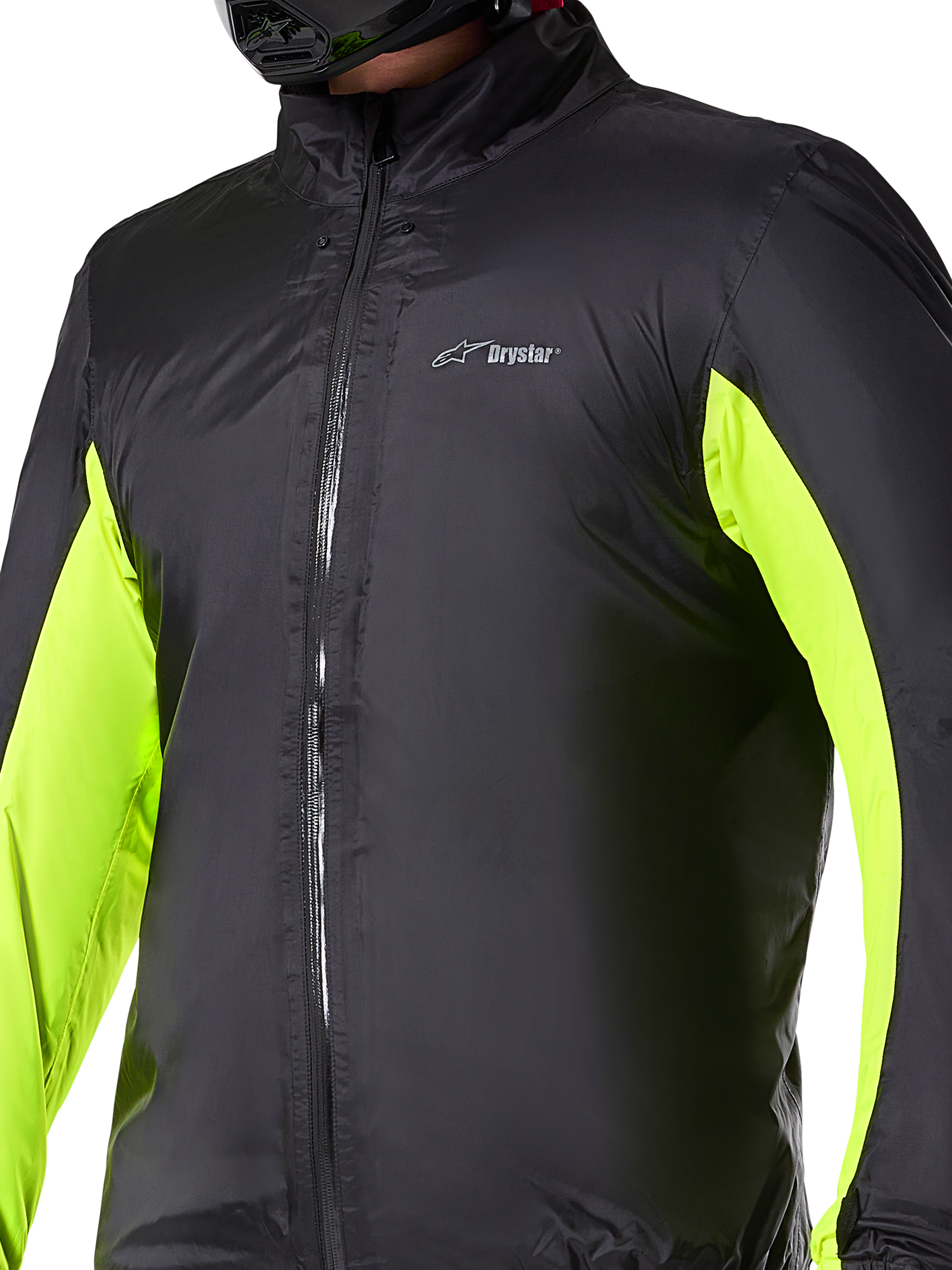 Forro impermeável do casaco Alpinestars Bogotá Pro Drystar®, camada técnica de motociclismo, preto com painéis amarelo néon nos braços, fecho de correr frontal e logótipo Drystar no peito, concebido para proteção na condução em qualquer clima