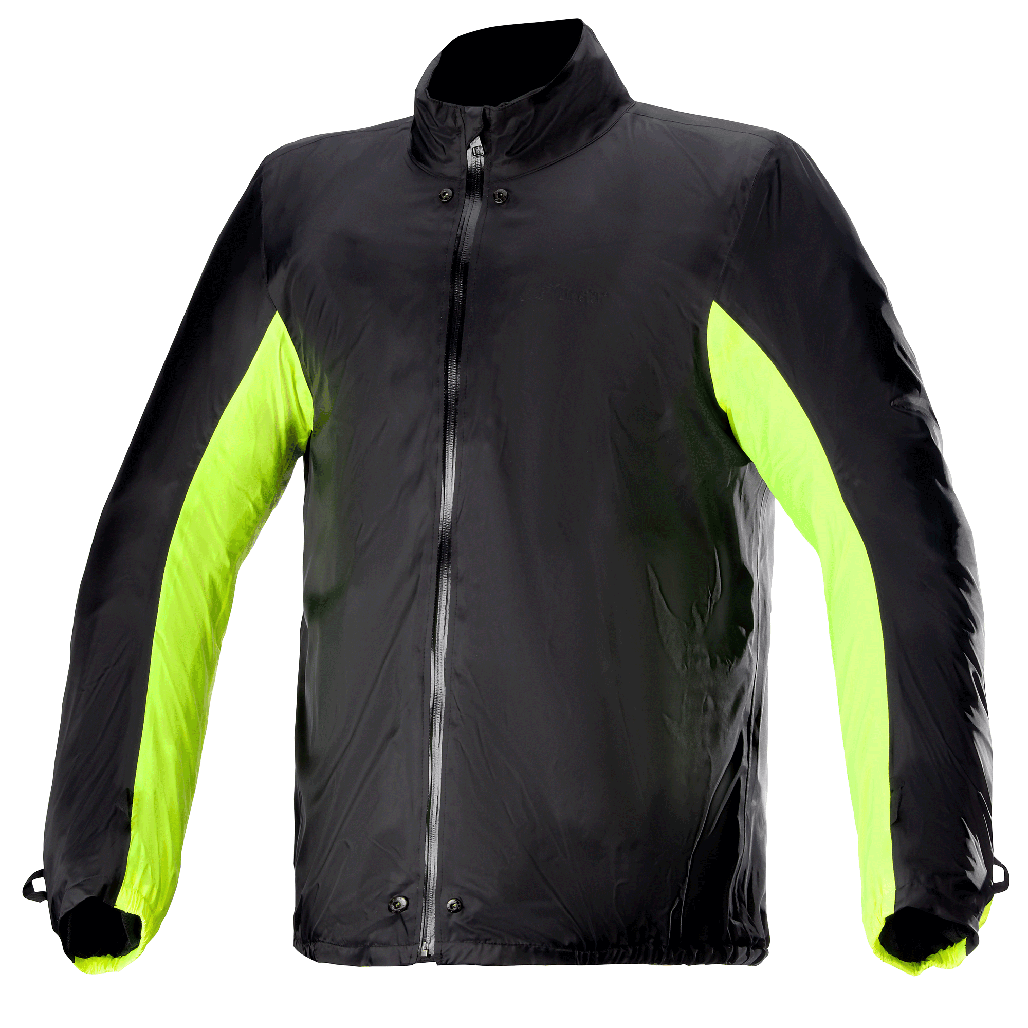 Alpinestars Bogota' Pro Drystar® Jacket Rain Cover, waterproof motorcycle jacket liner, Black with Fluo Yellow side and arm panels, full-length front zipper with snap buttons at neck and waist, technical accessory for all-weather riding
