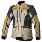 Alpinestars Bogota Pro Drystar Jacket, Motorcycle Adventure Touring Jacket, Beige Black and Tan, waterproof textile construction, multiple pockets with red pull tabs, reinforced protection areas, and high collar design
