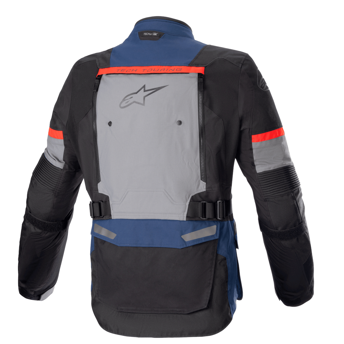 Alpinestars Bogotá Pro Drystar® Jacket, Motorcycle Adventure Touring Jacket, Dark Blue, Black, and Bright Red, rear view featuring a large grey ventilation panel with Alpinestars logo, red 'Tech Touring' accents, and adjustable waist straps