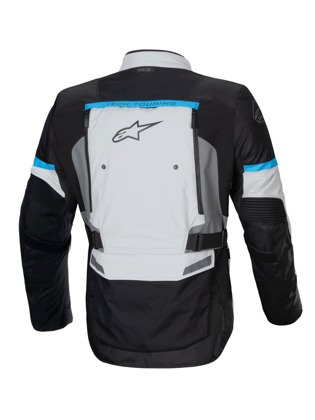 Alpinestars Jaqueta Bogota' Pro Drystar, casaco de moto cinzento e preto com detalhes ciano e ventilação traseira.