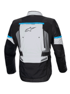 Alpinestars Jaqueta Bogota' Pro Drystar, casaco de moto cinzento e preto com detalhes ciano e ventilação traseira.