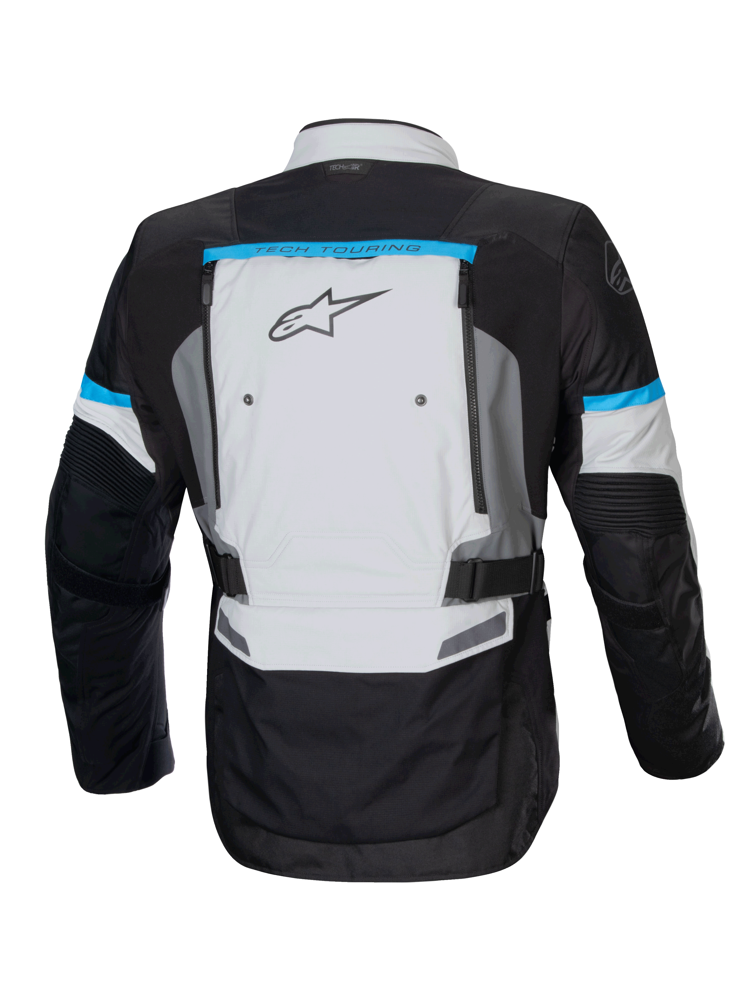 Alpinestars Jaqueta Bogota' Pro Drystar, casaco de moto cinzento e preto com detalhes ciano e ventilação traseira.