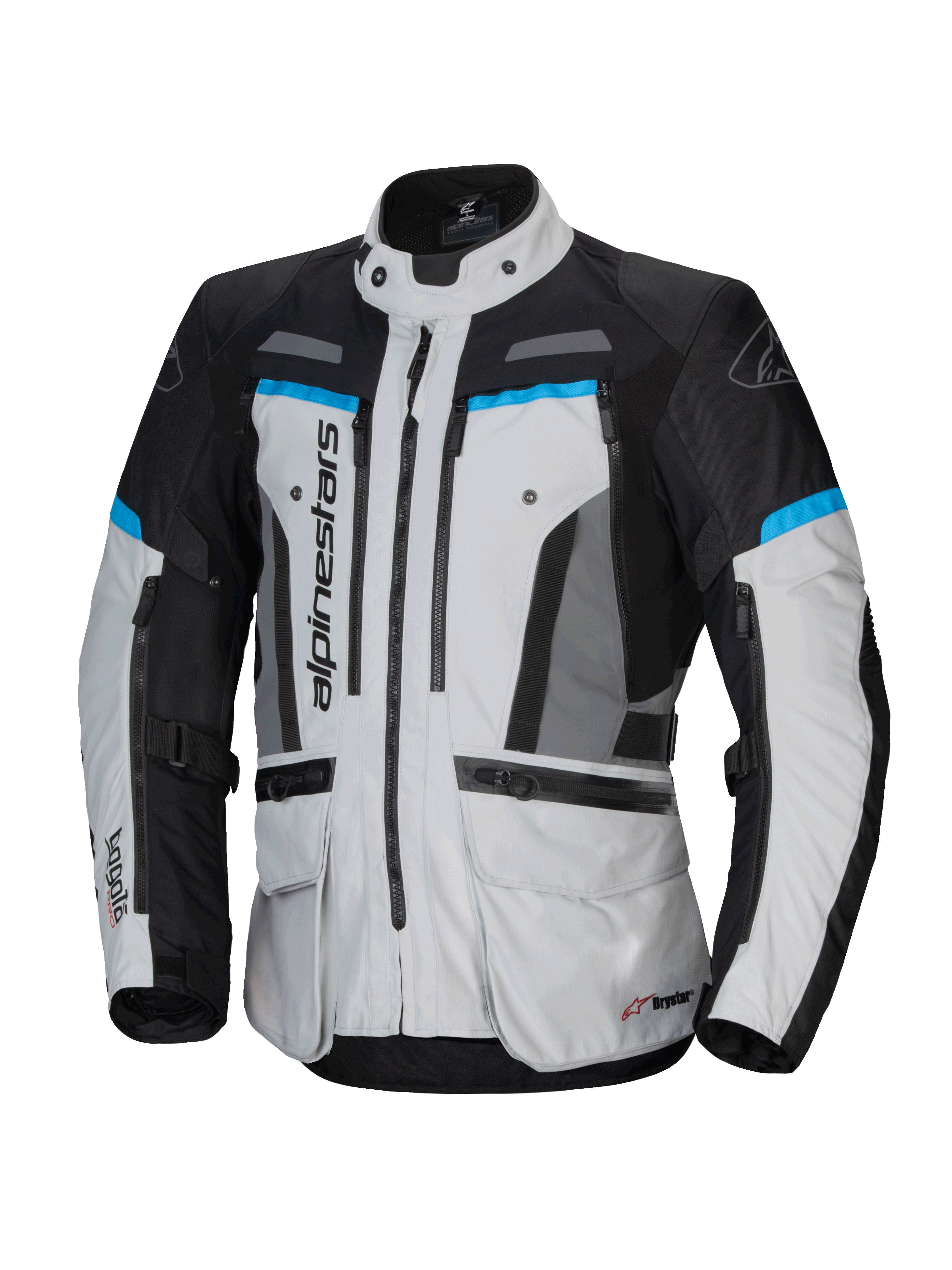 Alpinestars Bogota' Pro Drystar®, casaco de moto touring para homem, cinzento gelo e preto com ciano, têxtil impermeável.
