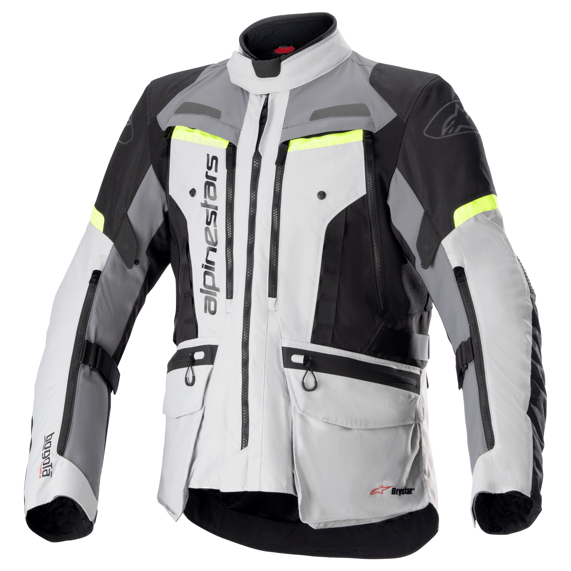 Alpinestars Bogota Pro Drystar Jacket, Motorcycle Adventure Touring Jacket, Ice Gray and Dark Gray with Black panels and Yellow Fluo accents, featuring multiple cargo pockets and ventilation zippers, durable waterproof textile design for all-weather riding