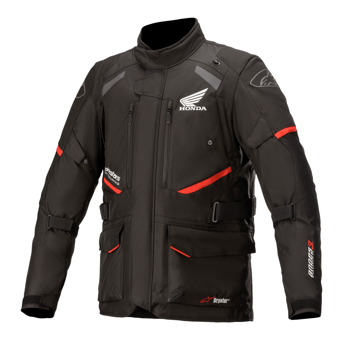 Casaco Honda Andes V3 Drystar, casaco de motociclismo touring, preto com pormenores vermelhos, vista frontal com bolsos cargo grandes e tiras ajustáveis, construção em têxtil técnico com logótipos da asa Honda e Alpinestars, design de inspiração adventure