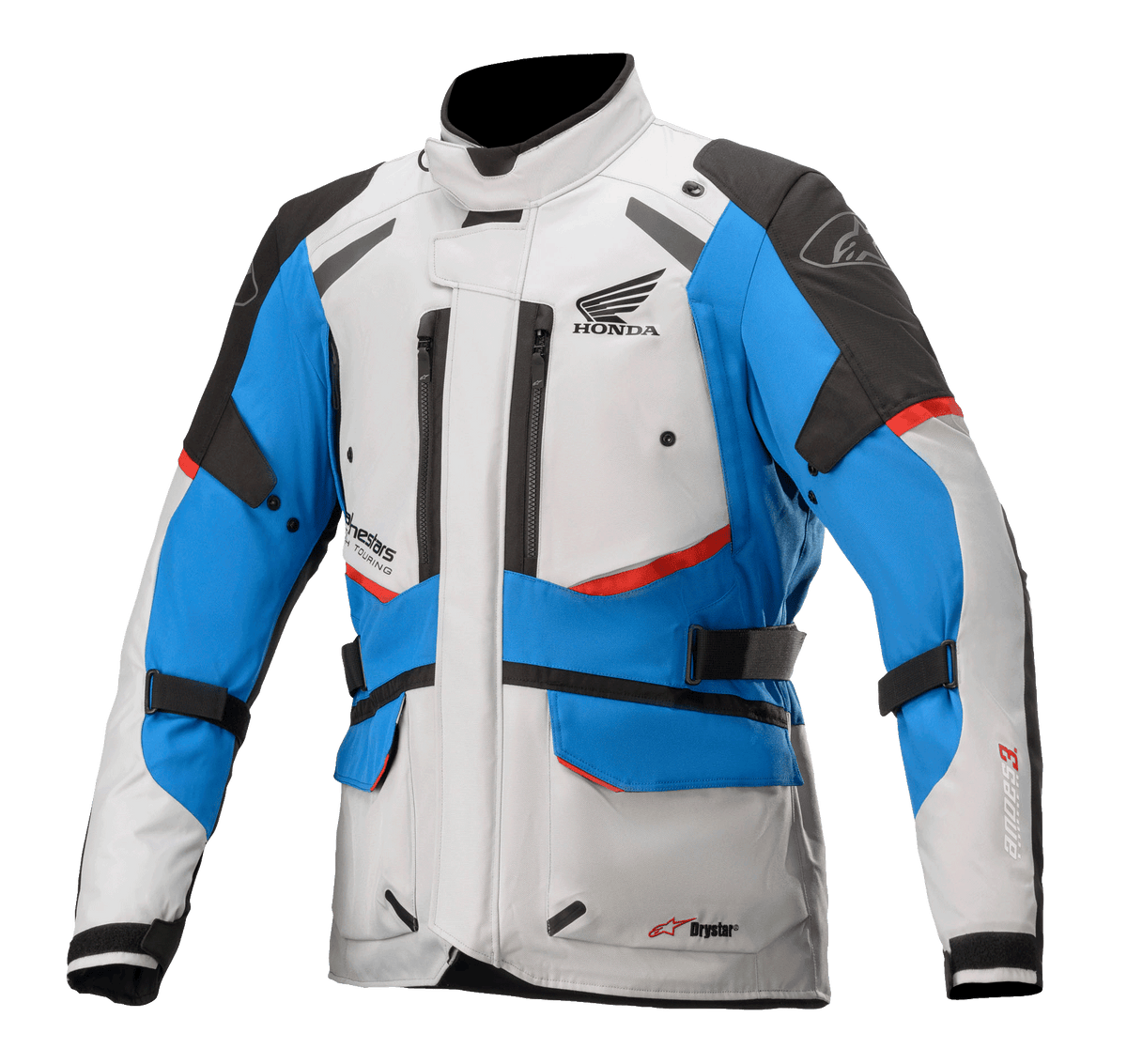 Casaco Alpinestars Honda Andes V3 Drystar®, casaco de motociclismo para turismo, cinzento gelo, azul e vermelho vivo, design impermeável com gola alta, múltiplas aberturas de ventilação com fecho, bolsos cargo e correias ajustáveis, com logótipo Honda