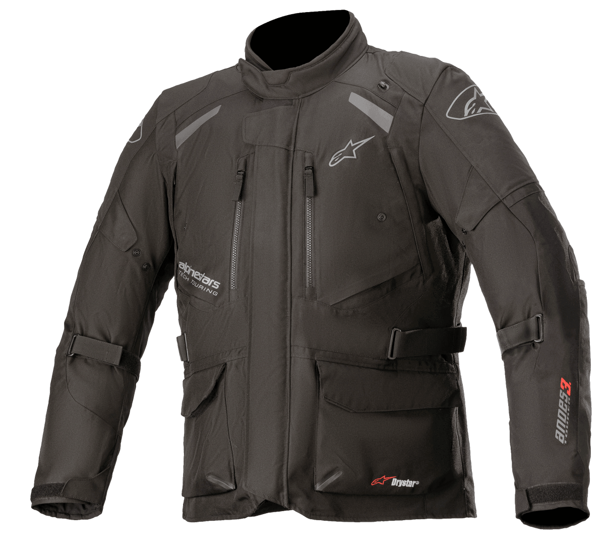 Alpinestars Andes V3 Drystar Jacket, casaco de motociclismo adventure touring, preto com logótipos em branco e vermelho, múltiplos bolsos de carga impermeáveis, cintas ajustáveis para um ajuste personalizado, construção têxtil resistente às intempéries, painéis refletores para visibilidade
