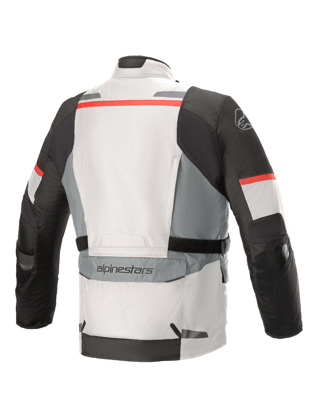 Alpinestars Andes V3 Drystar® Jacket, cinzento gelo e cinzento escuro com detalhes vermelhos, vista traseira com um grande bolso utilitário na zona inferior das costas, correias de ajuste na cintura e pormenores refletores nos ombros e na bainha.