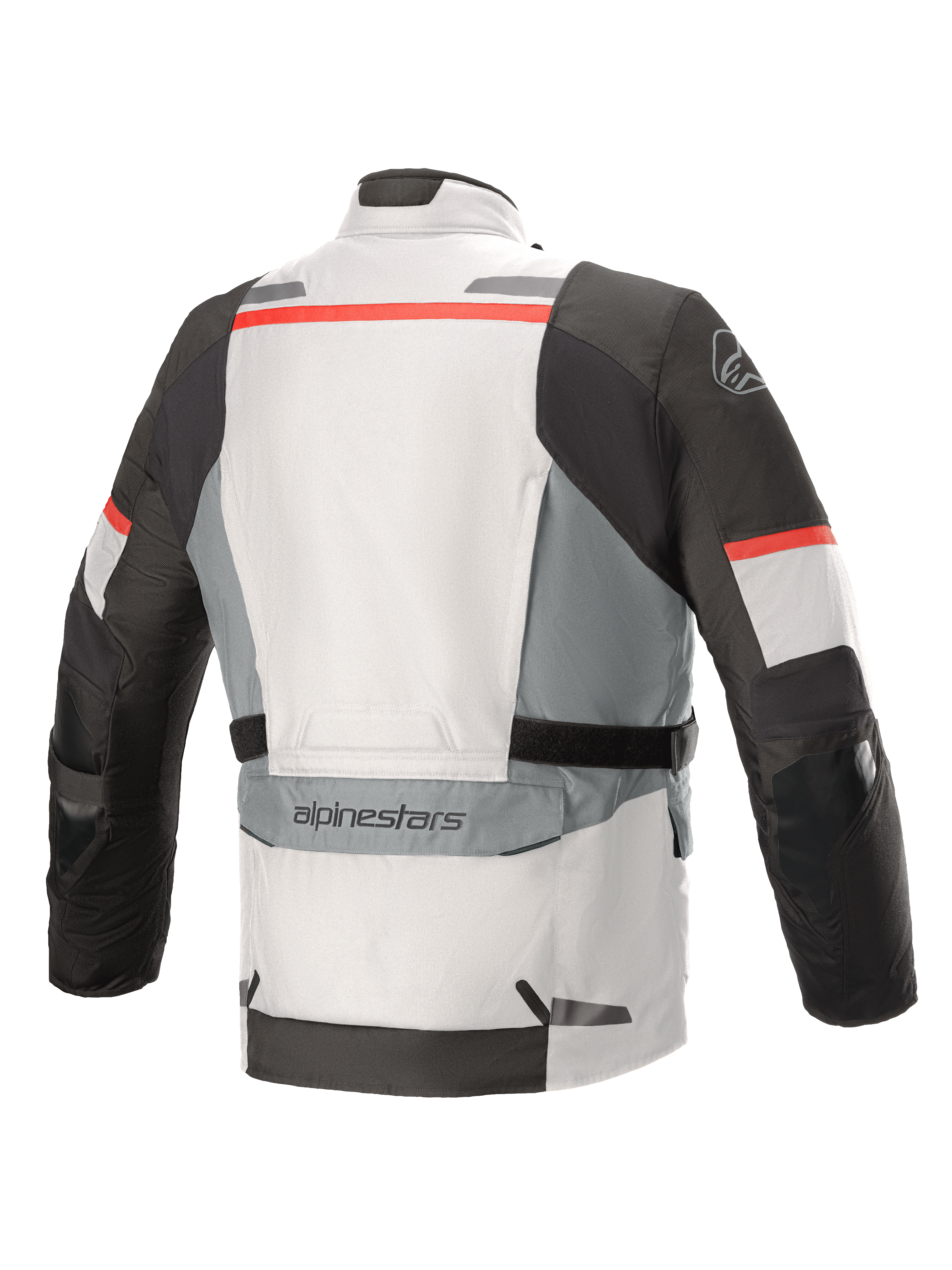 Alpinestars Andes V3 Drystar® Jacket, cinzento gelo e cinzento escuro com detalhes vermelhos, vista traseira com um grande bolso utilitário na zona inferior das costas, correias de ajuste na cintura e pormenores refletores nos ombros e na bainha.