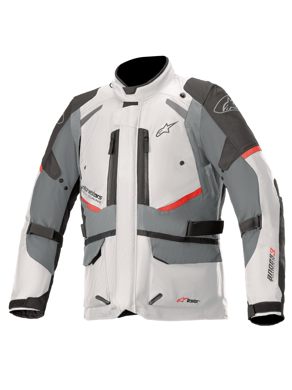 Casaco Alpinestars Andes V3 Drystar, casaco de motociclismo adventure touring, cinzento gelo e cinzento escuro com detalhes vermelhos, construção têxtil impermeável com correias de ajuste e aberturas de ventilação com fecho, design de gola alta para proteção em todas as condições meteorológicas