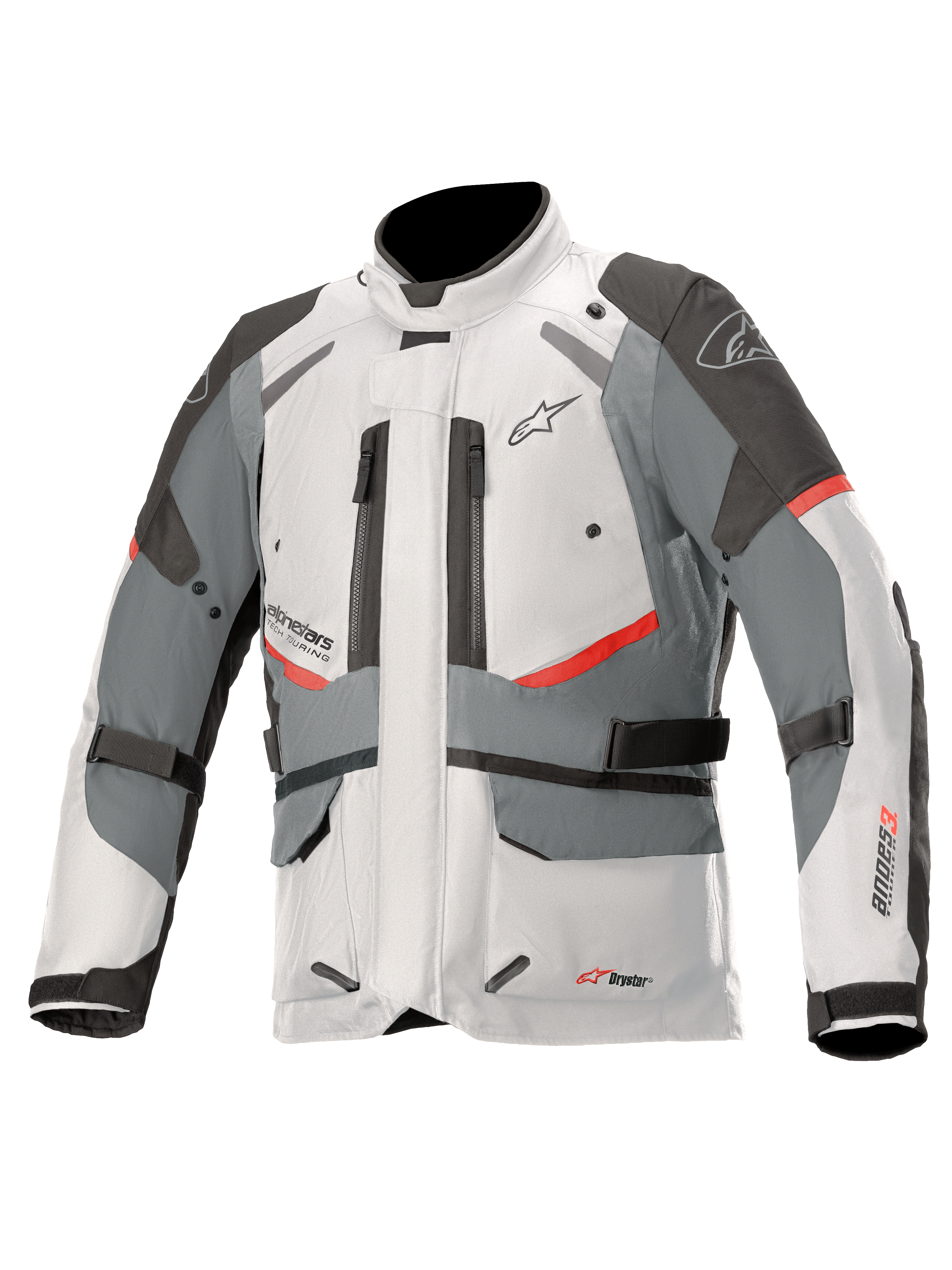 Casaco Alpinestars Andes V3 Drystar, casaco de motociclismo adventure touring, cinzento gelo e cinzento escuro com detalhes vermelhos, construção têxtil impermeável com correias de ajuste e aberturas de ventilação com fecho, design de gola alta para proteção em todas as condições meteorológicas