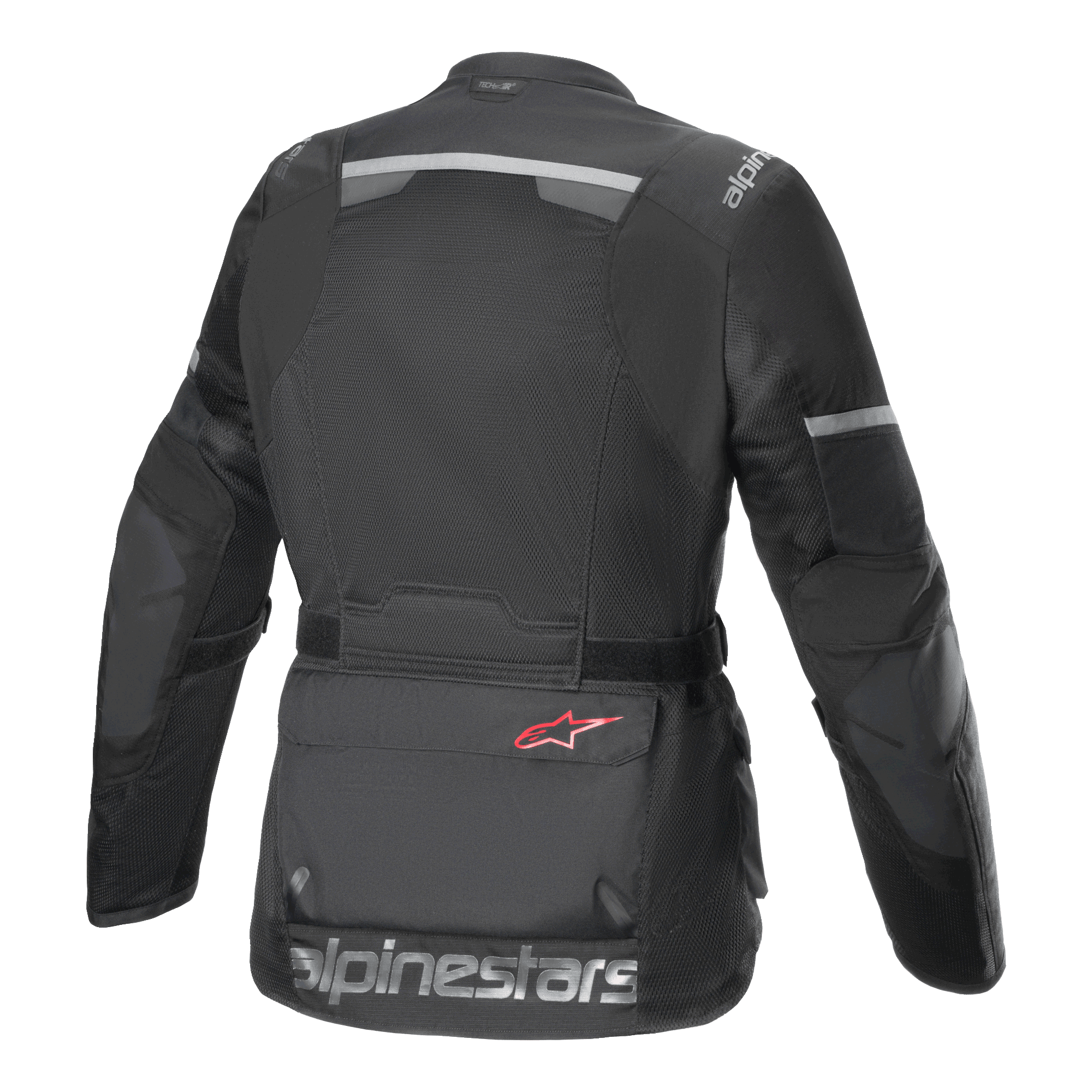 Alpinestars Andes Air Drystar® Jacket, casaco de motociclismo, preto, vista traseira com amplos painéis de ventilação em malha, faixas refletoras na parte superior das costas e mangas, e logótipo Alpinestars em texto grande na bainha inferior.