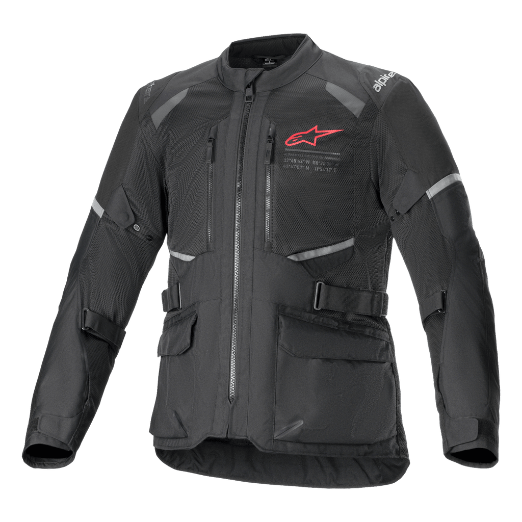 Jaqueta Alpinestars Andes Air Drystar, casaco de motociclismo de aventura e turismo preto, vista frontal, com amplos painéis de ventilação em malha, logótipo Alpinestars vermelho no peito, detalhes refletores e bolsos de carga frontais.