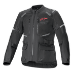 Jaqueta Alpinestars Andes Air Drystar, casaco de motociclismo de aventura e turismo preto, vista frontal, com amplos painéis de ventilação em malha, logótipo Alpinestars vermelho no peito, detalhes refletores e bolsos de carga frontais.