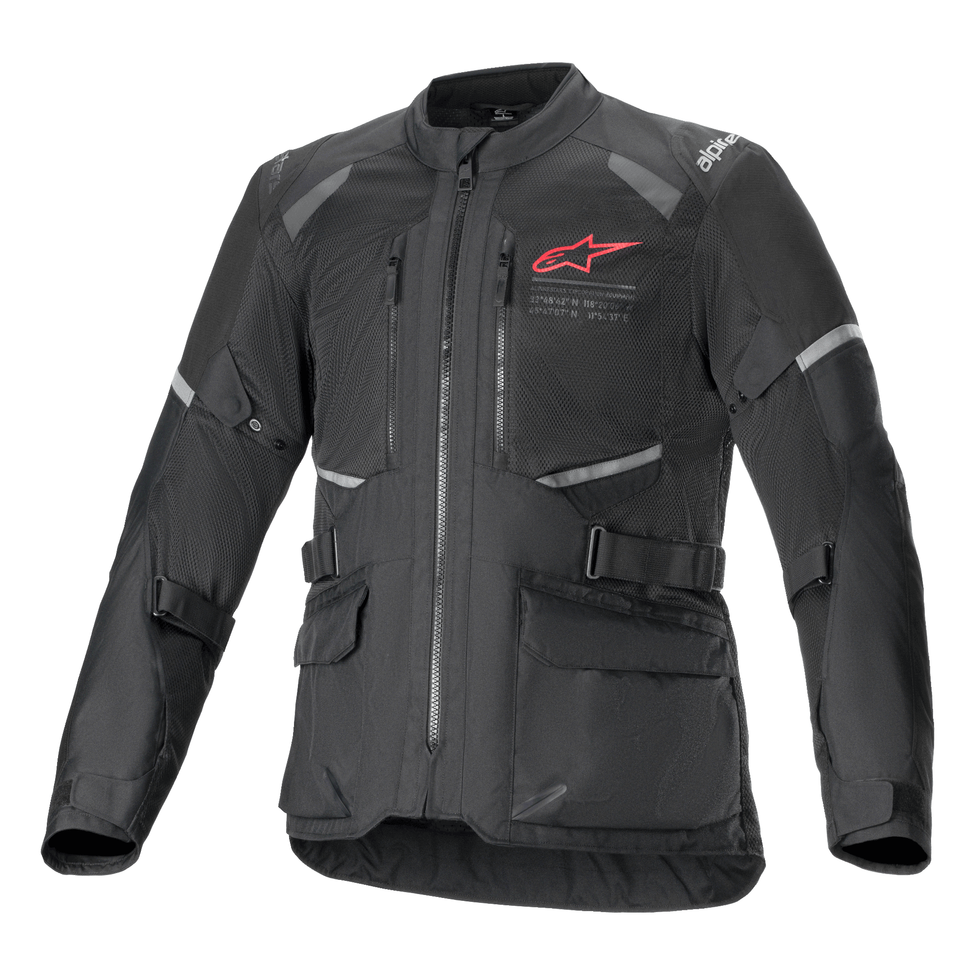 Jaqueta Alpinestars Andes Air Drystar, casaco de motociclismo de aventura e turismo preto, vista frontal, com amplos painéis de ventilação em malha, logótipo Alpinestars vermelho no peito, detalhes refletores e bolsos de carga frontais.