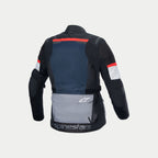 Alpinestars Andes Air Drystar, casaco de moto adventure para homem, azul-escuro, preto e cinzento-gelo, painéis de ventilação em malha 2D, certificado CE, vista traseira com bolso para protetor de costas e detalhe de bolso inferior
