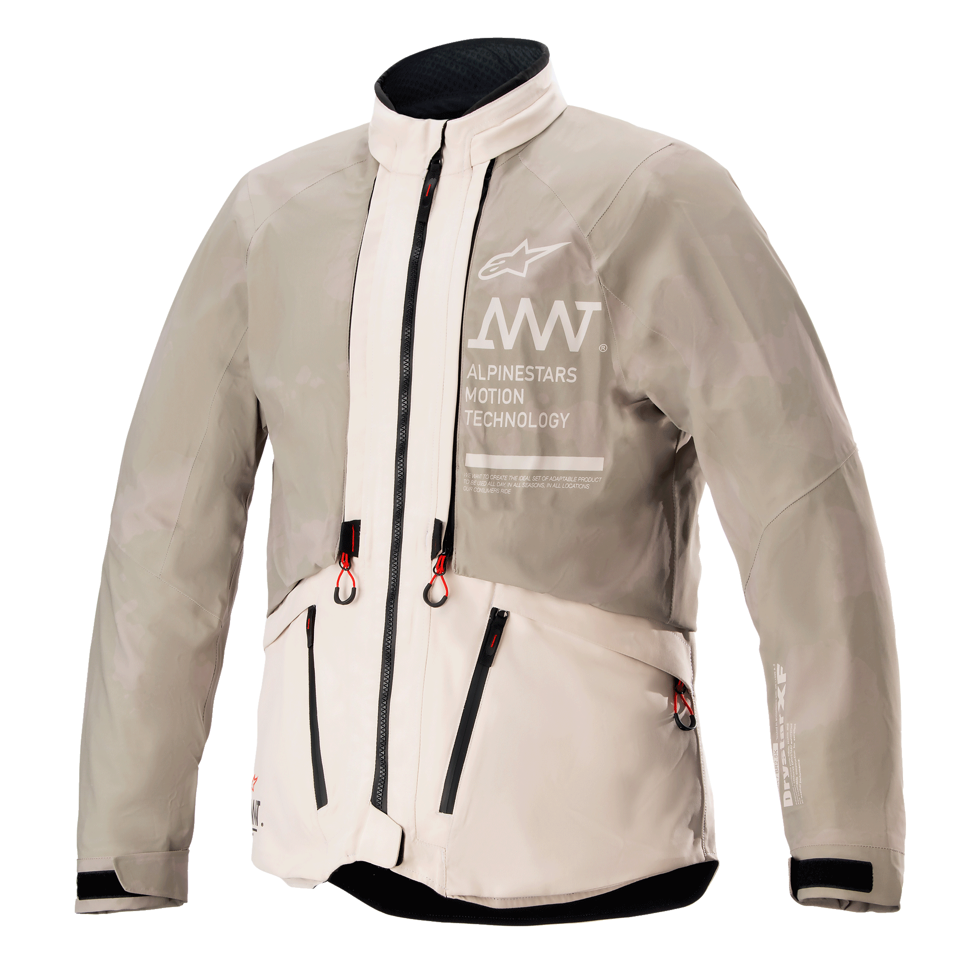 Casaco Alpinestars AMT-10LAB Drystar® XF, Configuração de Chuva, White Sand Aluminum Camo, casaco de aventura em têxtil impermeável com a marca AMT no peito e puxadores de fecho de correr com pontas vermelhas